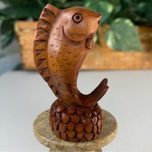 Vintage Hand Carved FISH Boxwood Netsuke Animal Figurine Wood Carving Signed 2.5